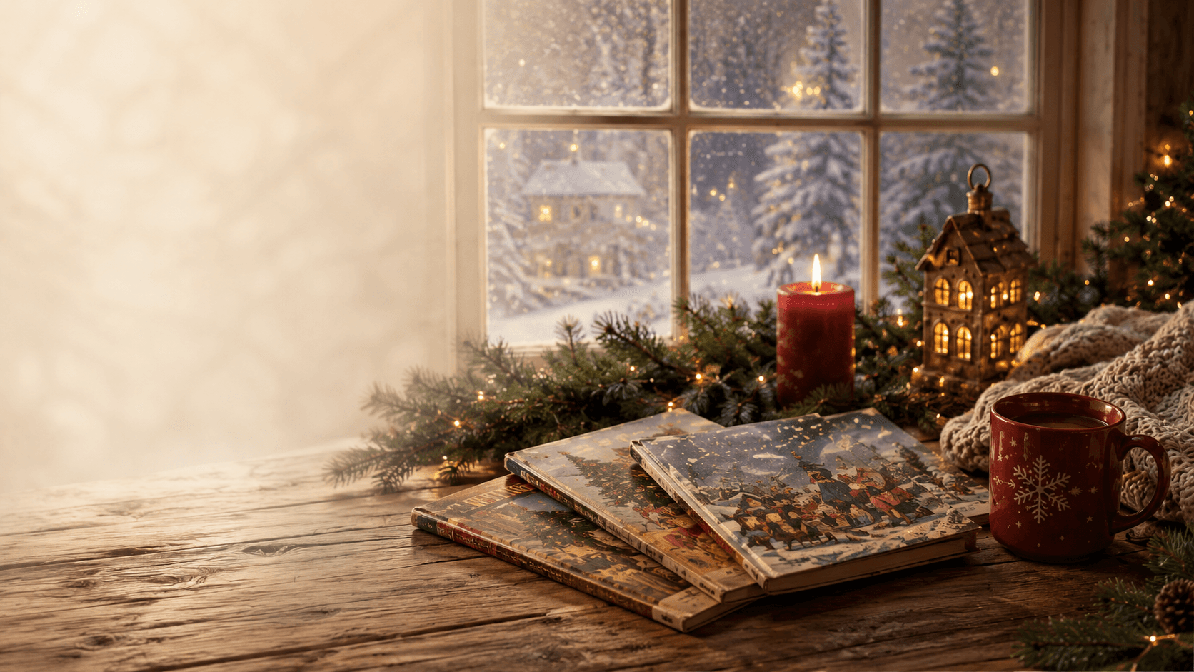 Stemningsbilde av julehefter i vinterlys